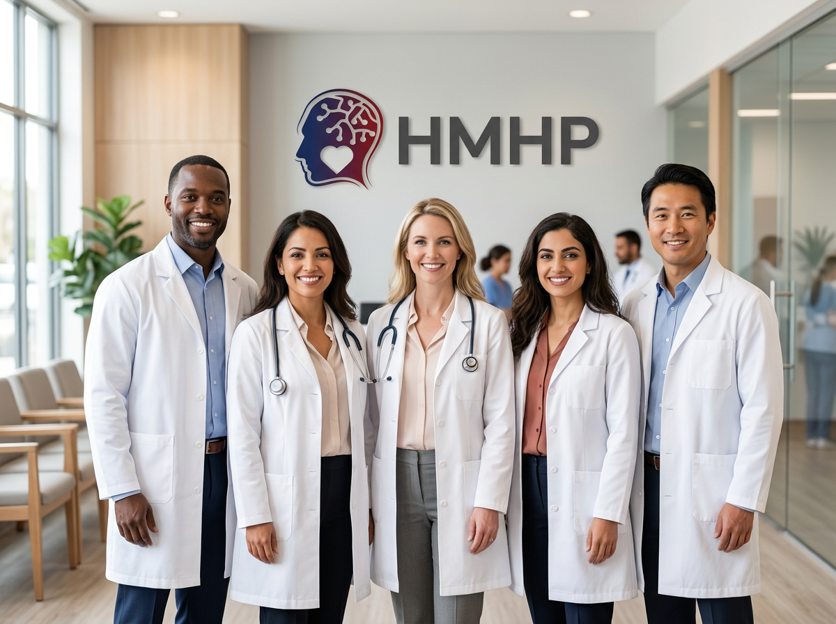 A diverse team of smiling cardiology providers in white lab coats
